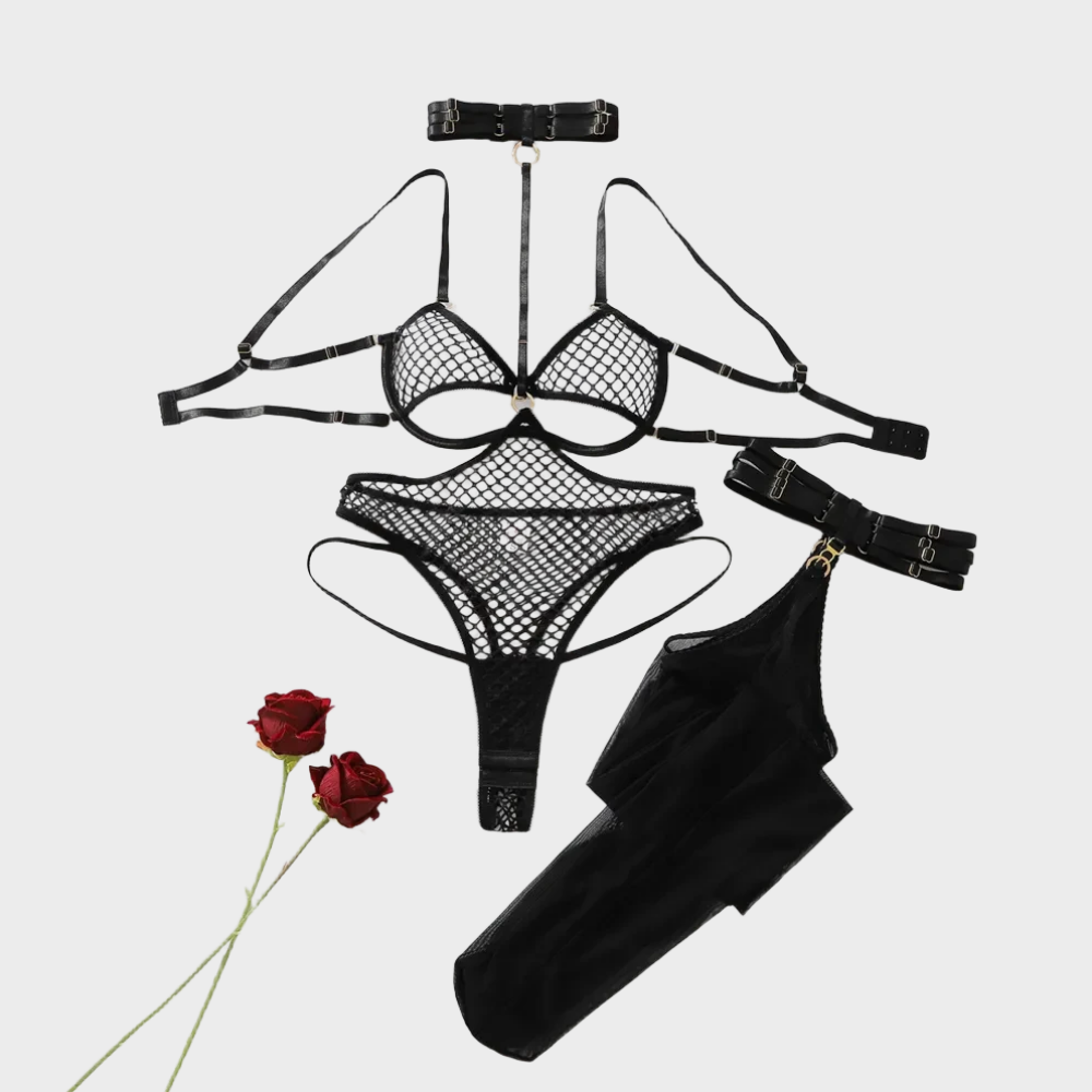Fishnet Stocking Women - Conjunto de lencería de malla negra
